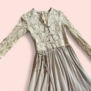 True vintage 70s Ayres crochet or lace knit long sleeve boho maxi prairie dress.